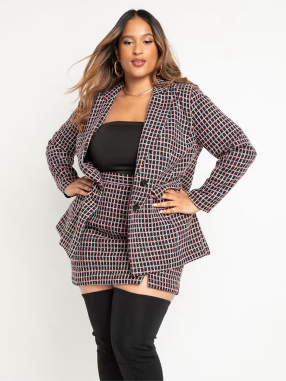 ELOQUII Plaid Tweed Blazer Size 18 Black Red Longline Plus Size Jacket